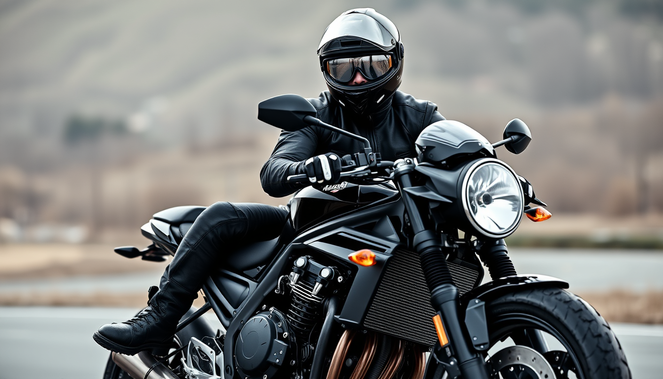 Main art studio: Black Kawasaki Z900RS. Rider seated on the bike—approx. 176 cm tall, 75 kg, muscular build. Wearing a black sporty leather suit and a black full-face