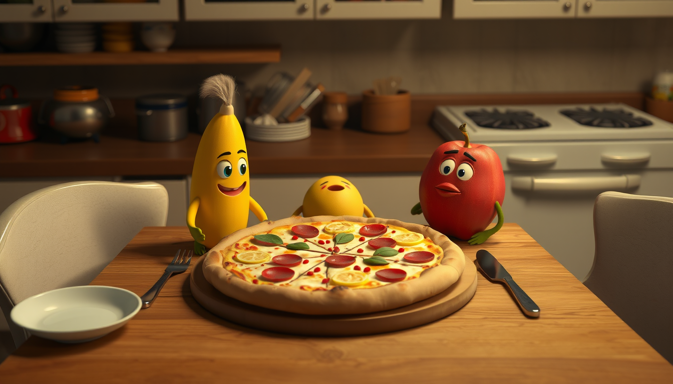 AI Art prompt example created from the prompt: uma cena em 3D animada, tipo cinematográfica, numa cozinha acolhedora à noite. Uma pizza numa mesa de madeira tem uma fatia em falta. Três p