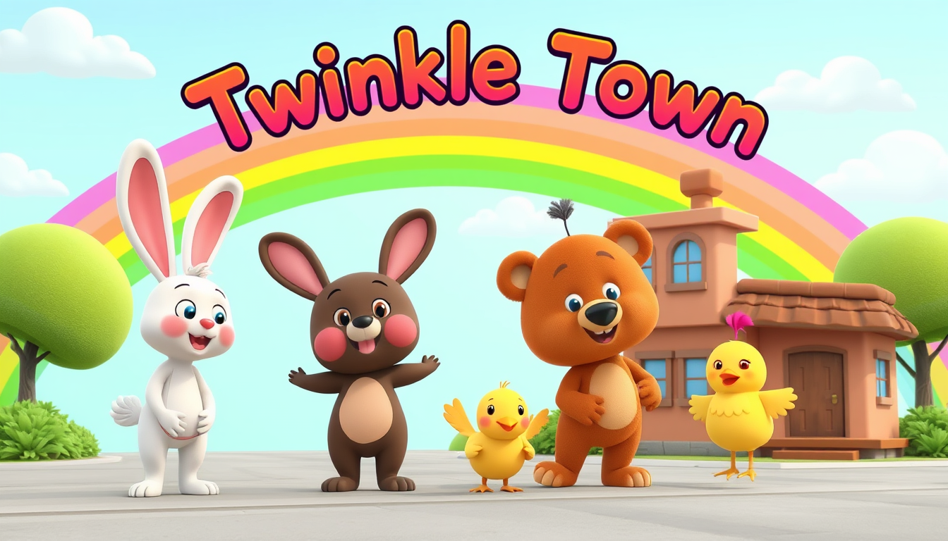 AI Art prompt example created from the prompt: 🌈 Twinkle Town Adventure! 🎵 Original 3D Cartoon Nursery Rhyme | 2–3 Minutes Let's create a colorful, catchy nursery rhyme designed for You