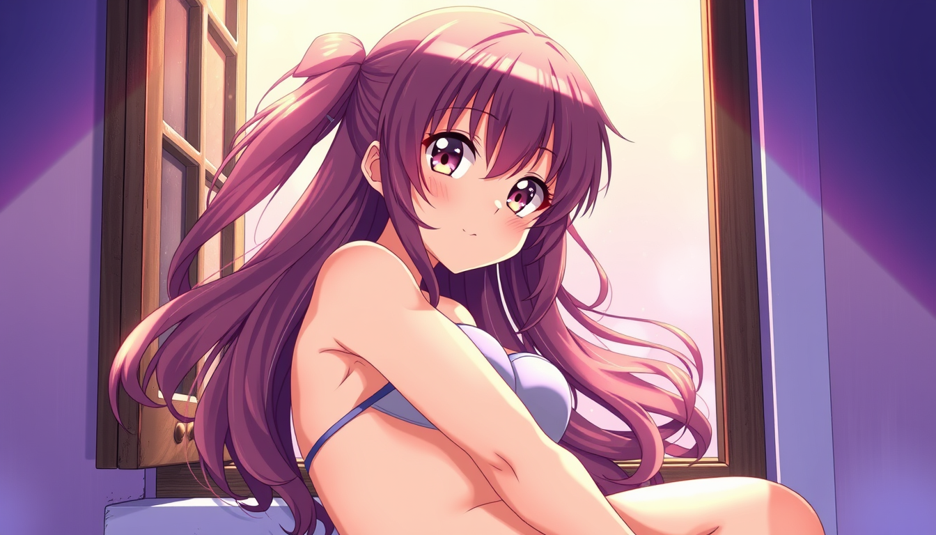 Anime idea: anime style, vibrant colors, expressive eyes, Hot woman tried to Crawl through a small Windows but didnt fit and now is stuck with the waist , detaile