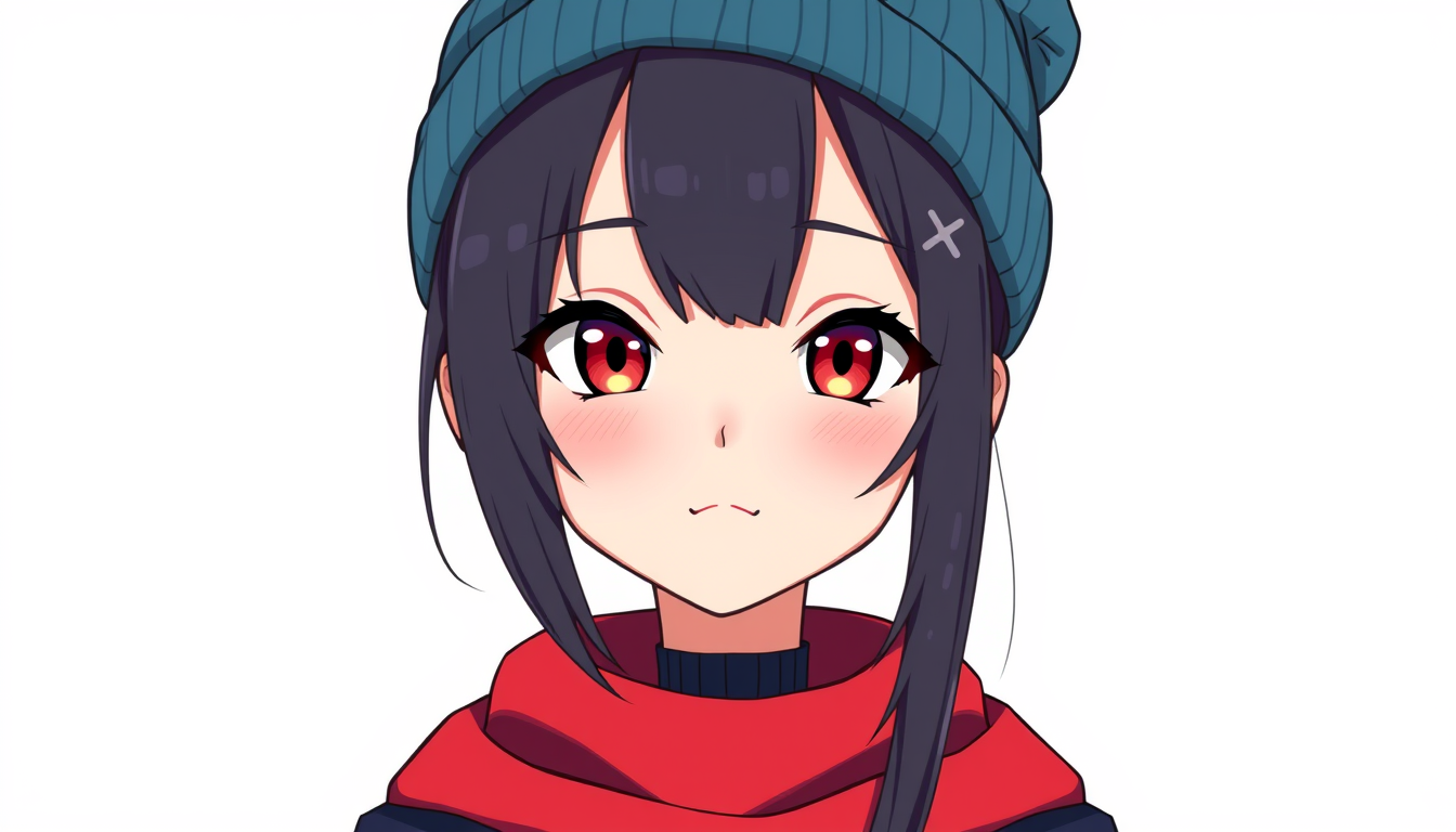 VTuber idea: vtuber avatar character, anime style, expressive face, streaming-ready design, Girl with strait black hair with blue highlights and a beanie she has r