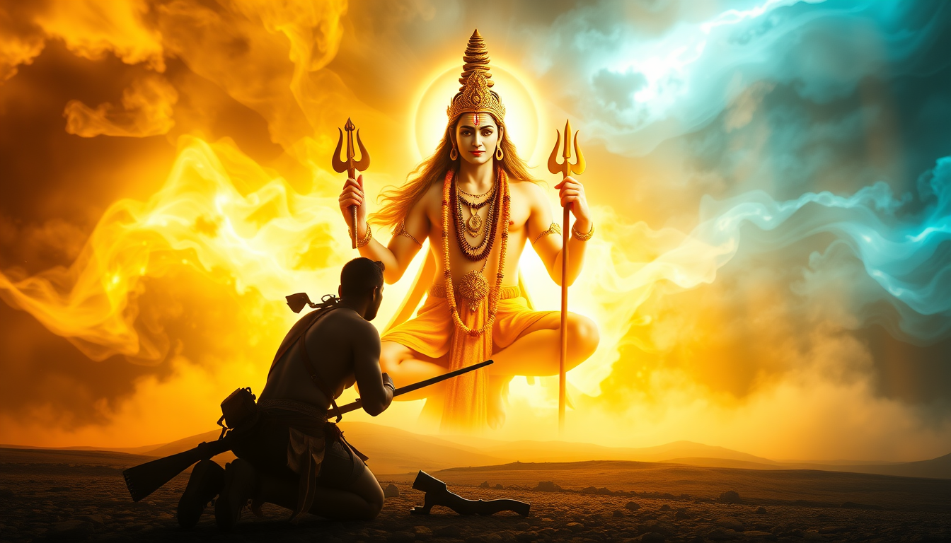 Main art studio: Prompt: Lord Shiva appearing in a divine aura of golden and blue light in front of a hunter kneeling with folded hands, spiritual transformation, maje