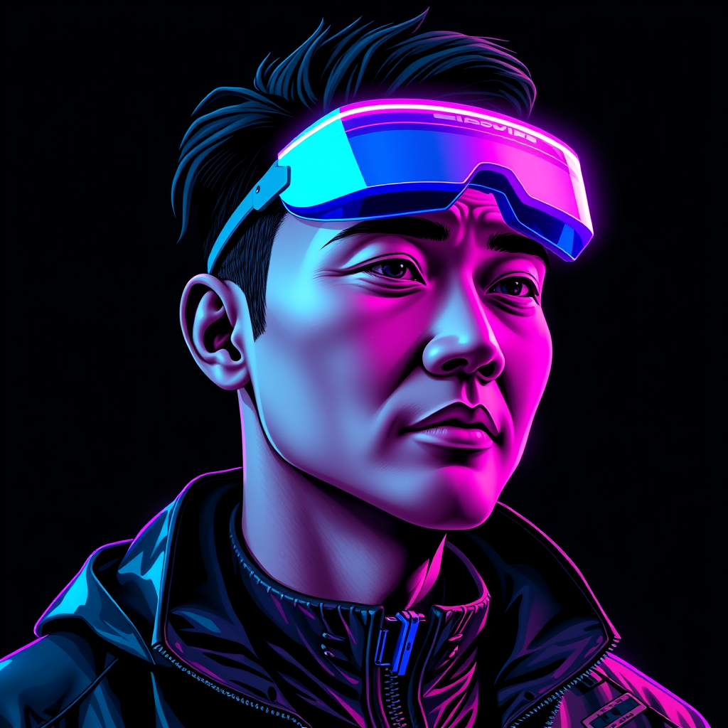 Avatars idea: stylized avatar, head-and-shoulders, clean studio background, East Asian man in his 40s, sharp confident expression, cyberpunk neon profile avatar, ho