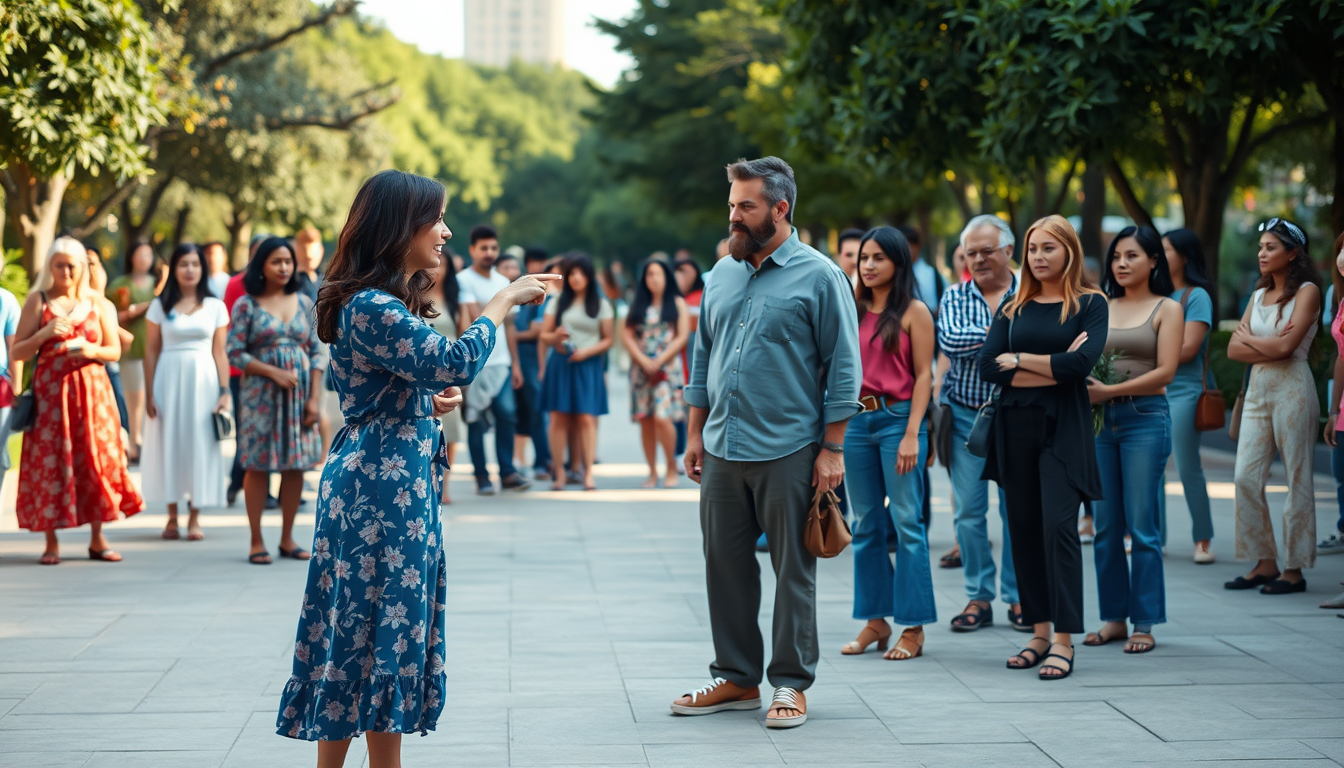 Main art studio: A realistic, wide horizontal scene in a modern public park. In the foreground, a woman wearing a loose blue floral ankle-length dress angrily points a