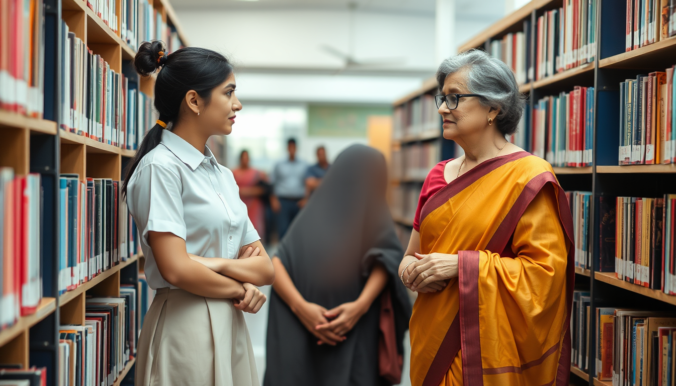 Main art studio: Landscape image of a 18-year-old indian female high school student with age appropriate proportions in modest shirt skirt school uniform and beautiful