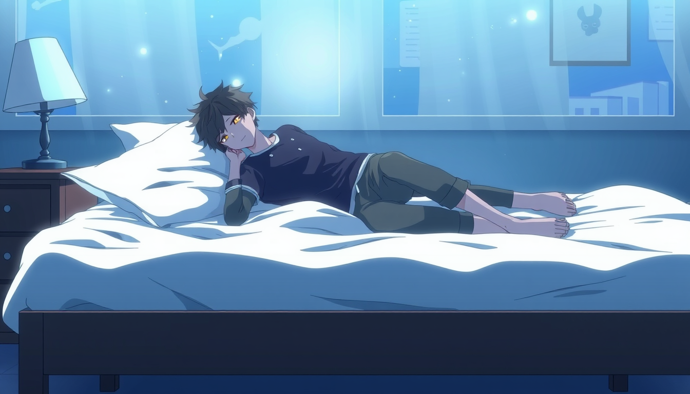 Main art studio: A anime man laying in a bed