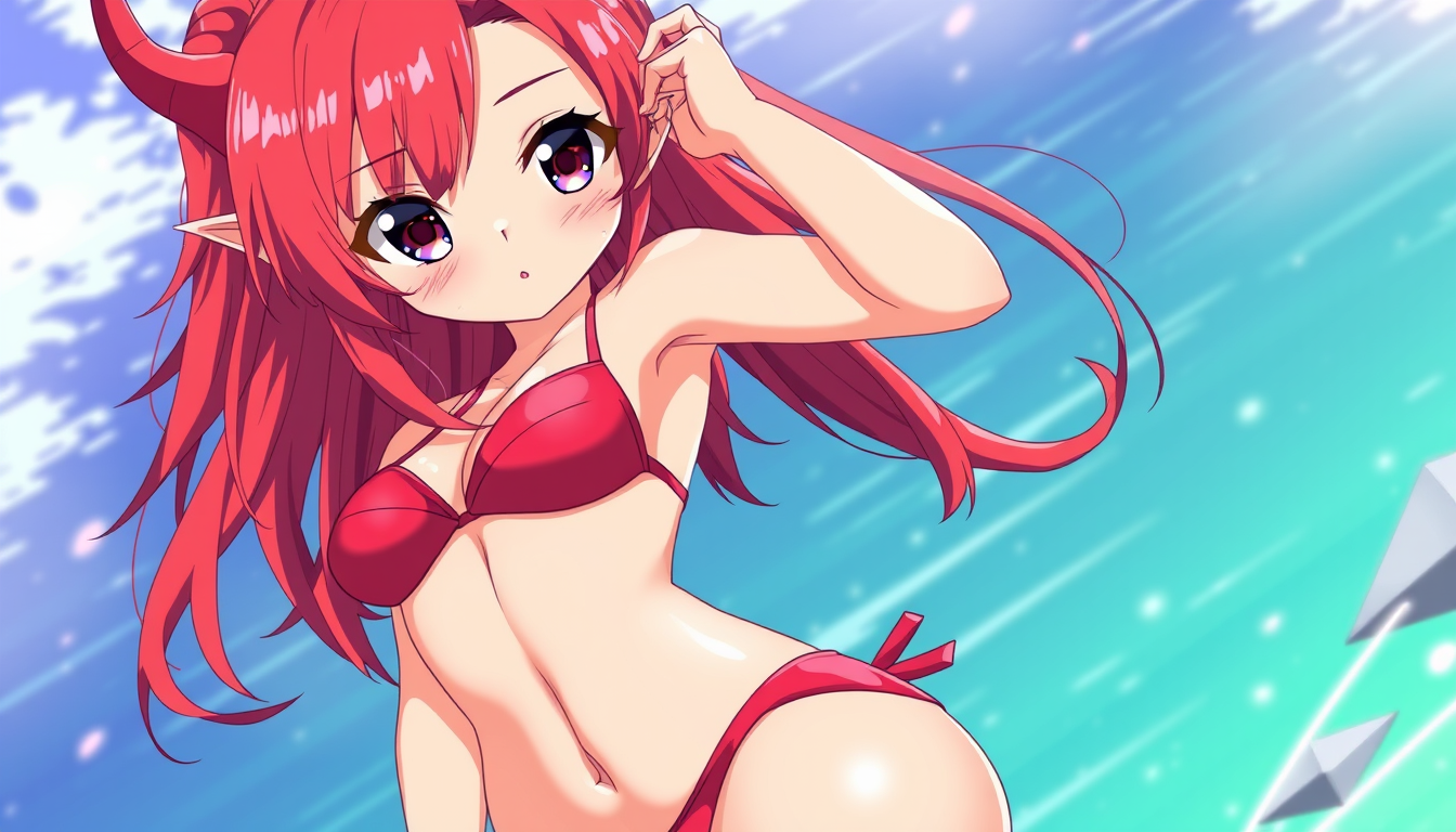Anime idea: anime style, vibrant colors, expressive eyes, Full body pose, elven anime girl, red hair, bikini , detailed anime illustration