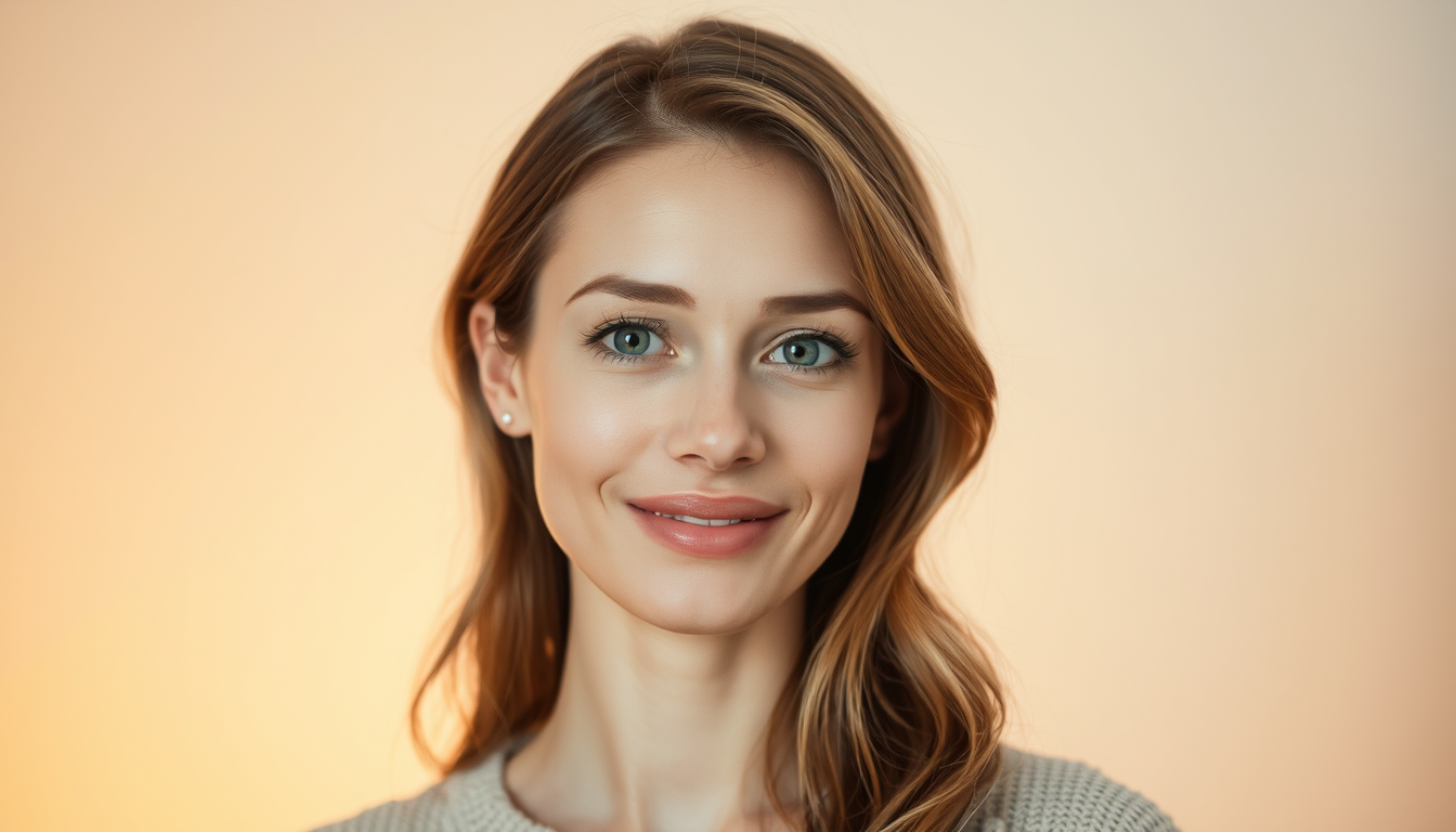 Main art studio: Warm, contemporary portrait of a calm feminine AI guide. Soft natural features, gentle attentive expression