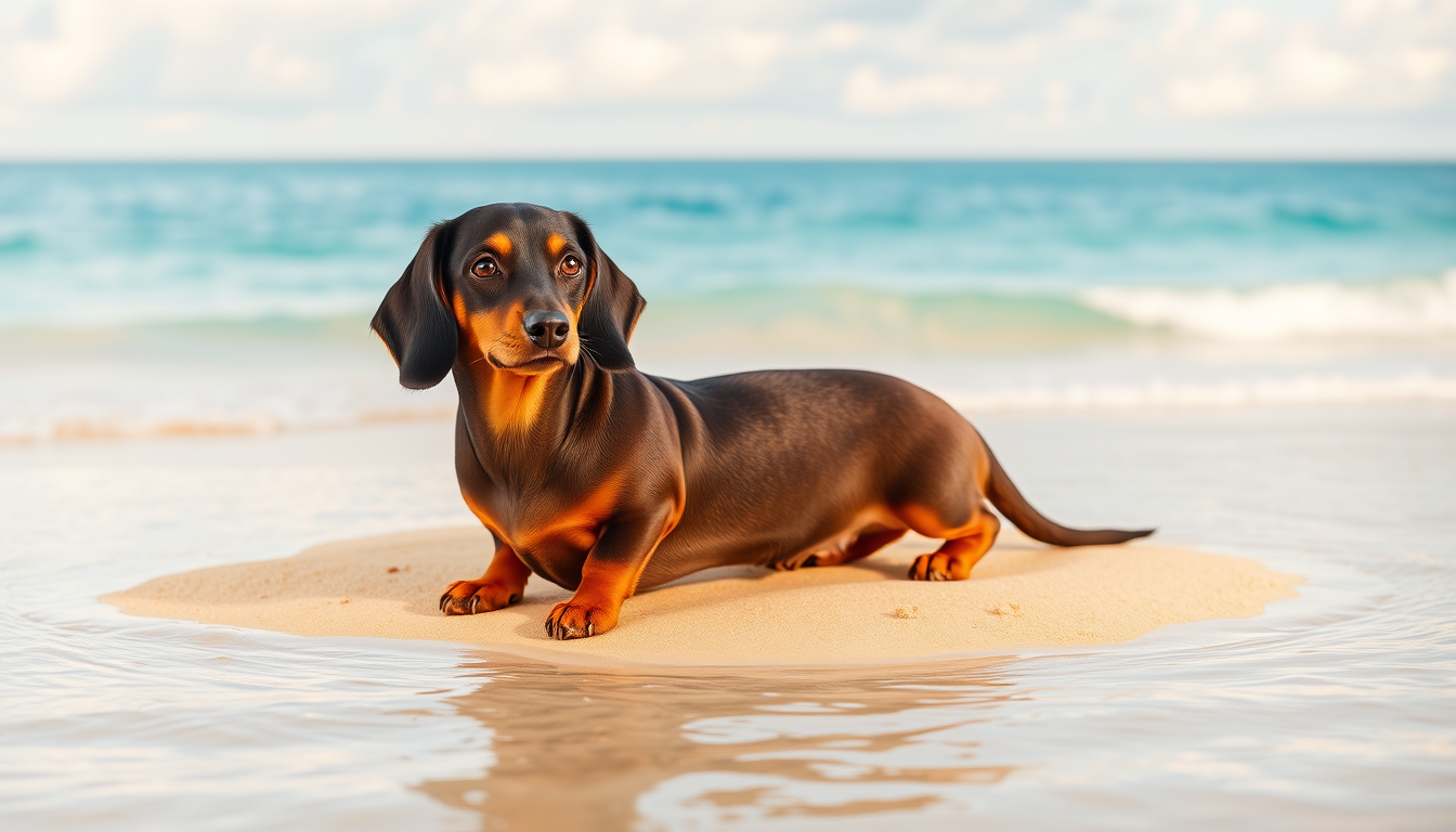 Main art studio: an adorable dachshund on a island surrounded by sea with golden sands