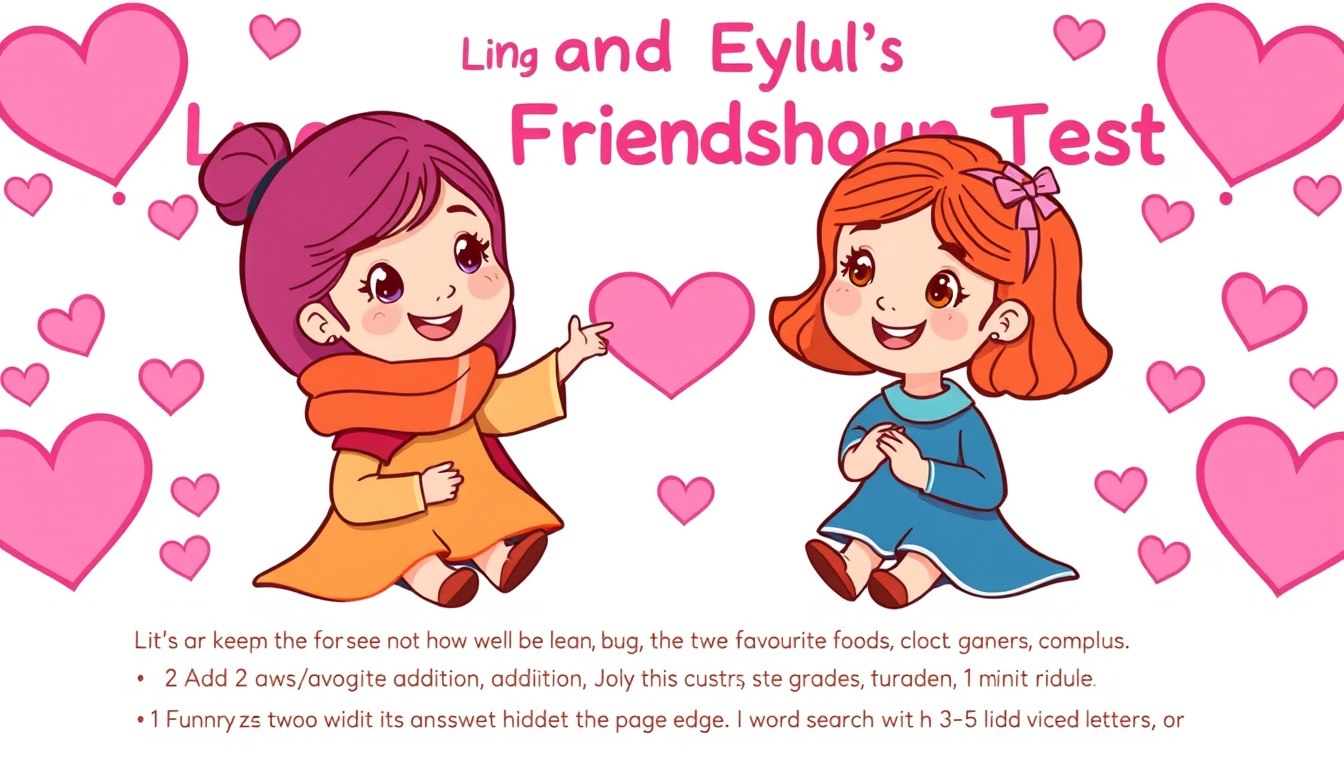 Main art studio: Create a cute friendship test for Lina and Eylül. Title: “Lina and Eylül’s Friendship Test” with “Let’s see how well we know each other!” underneath. 