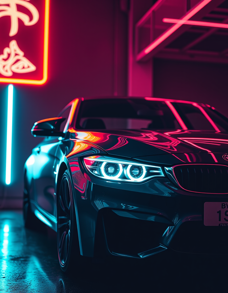 Main art studio: ein cooles bild mit neon effekten und ein schwarzer bmw
