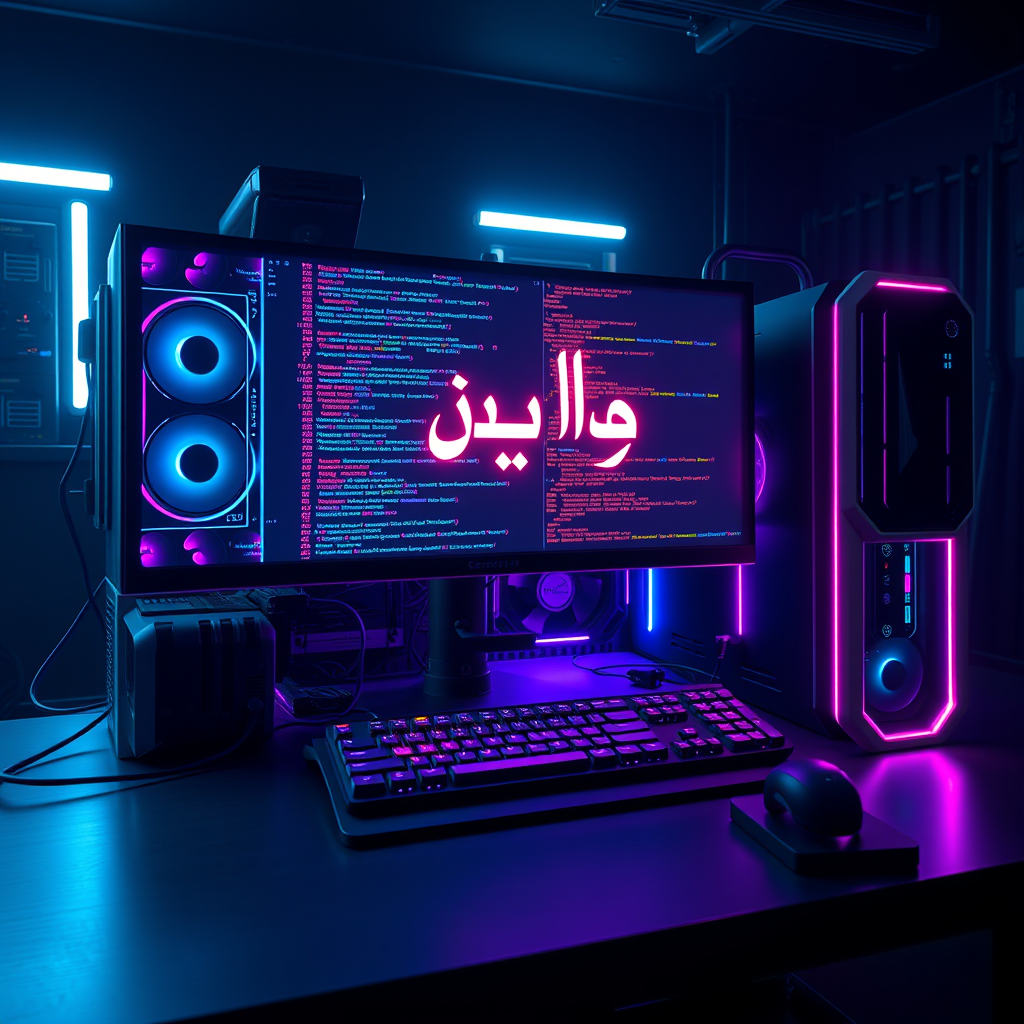 Main art studio: A powerful futuristic desktop PC with glowing RGB components, a huge large monitor as the main focus, the monitor clearly displays the Persian word "ب