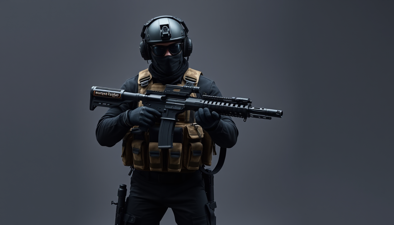 Characters idea: an original character defined by silhouette, role, outfit, palette, and expression, deliberate composition, Tactical operator in an all-black combat u