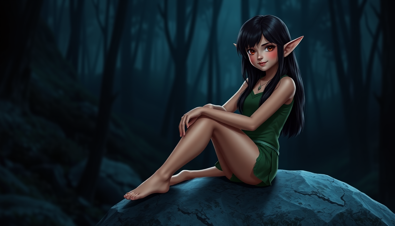 AI Art prompt example created from the prompt: A female human Elf. She is and petite. She is barefoot with dark brown eyes, long beautiful dark hair, and she is wearing a green top and gr