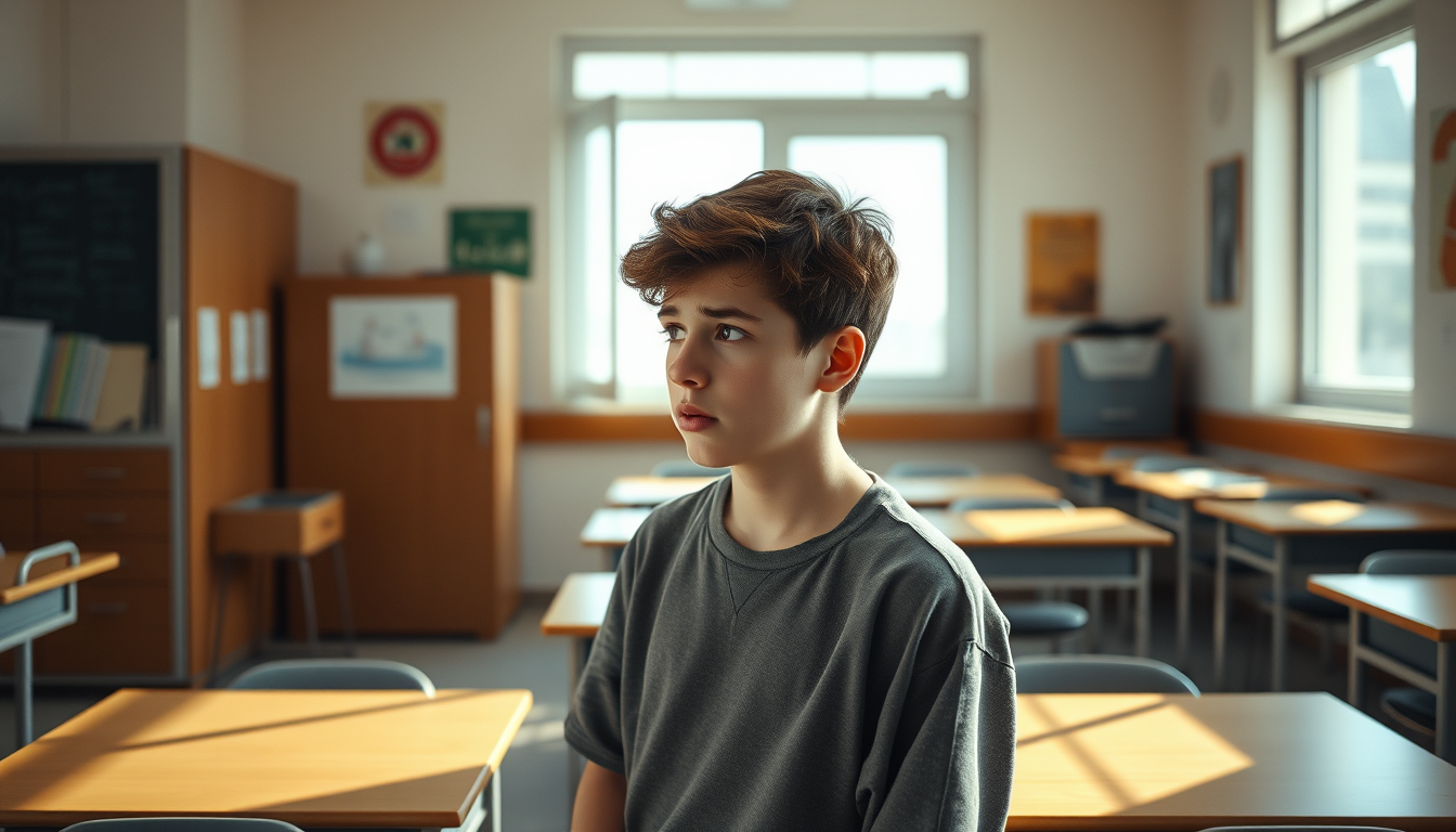 AI Art prompt example created from the prompt: Photorealistic Greek high school classroom, the same teenage boy from the reference image standing beside his desk, looking around the class