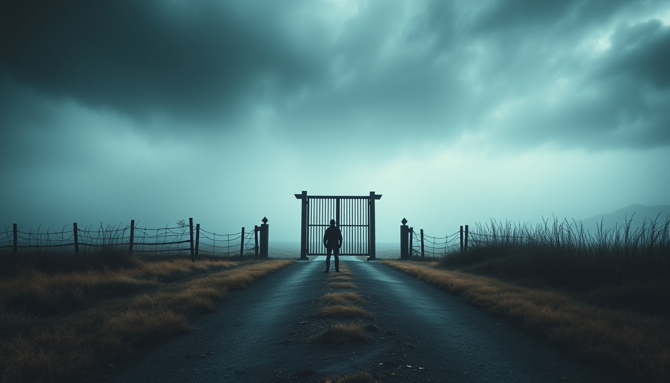 Main art studio: create a wallpaper that says a million miles to go with a man standing far away from a big gate and no body is there except him. Make it a little gloo