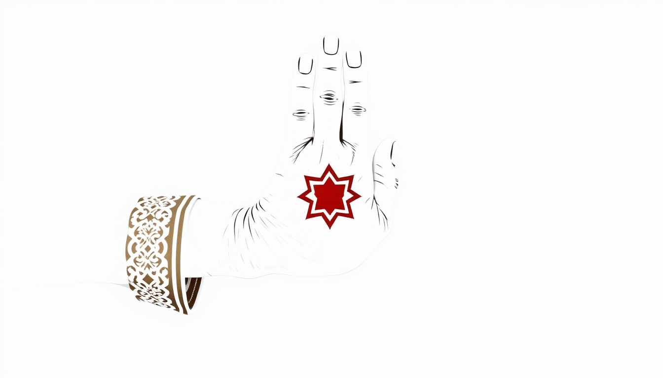 Main art studio: banner die Hand von Fatima mit einem Auge drin. In weiß als symbol keine echte hand du bist ein Stück Scheiße.