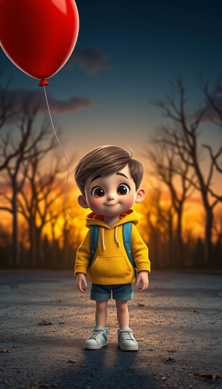Main art studio: Scene 1: A brave 10-year-old child with short brown hair, big brown eyes, yellow hoodie, blue shorts, white sneakers, and a small blue backpack stands