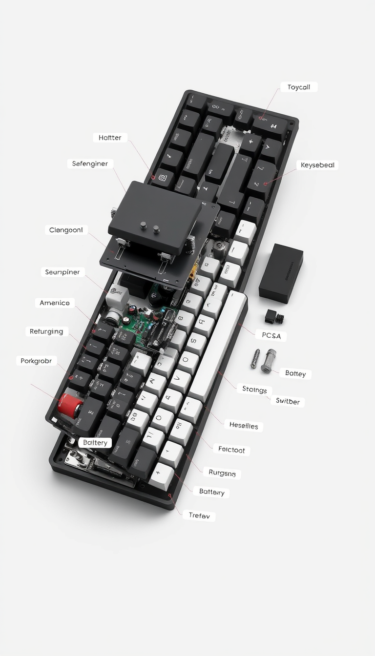 Main art studio: /explodedview Create a highly detailed 3D exploded-view of a modern computer keyboard. Separate all components in precise assembly order: keycaps, swi