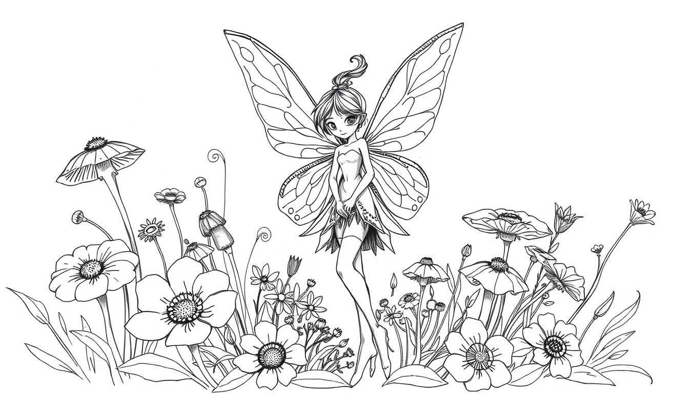 Main art studio: sketch up some line art of an simple obscure highly detailed fairy in front of some flowers and flowers with some squiggles and lines and big thick bo