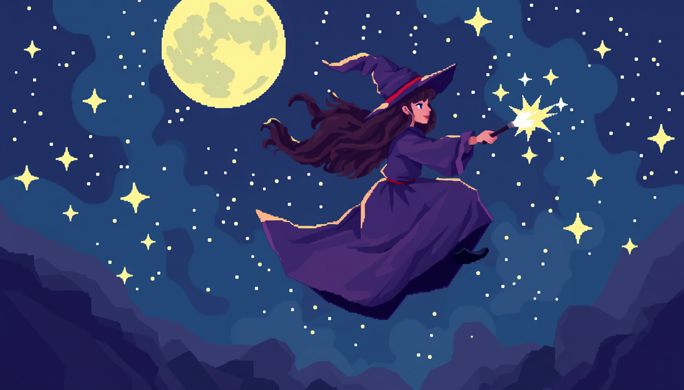 Pixel Art idea: pixel art, 32-bit retro style, limited color palette, clear readable design, witch flying through a starry night sky, flowing robes, magical sparks , 