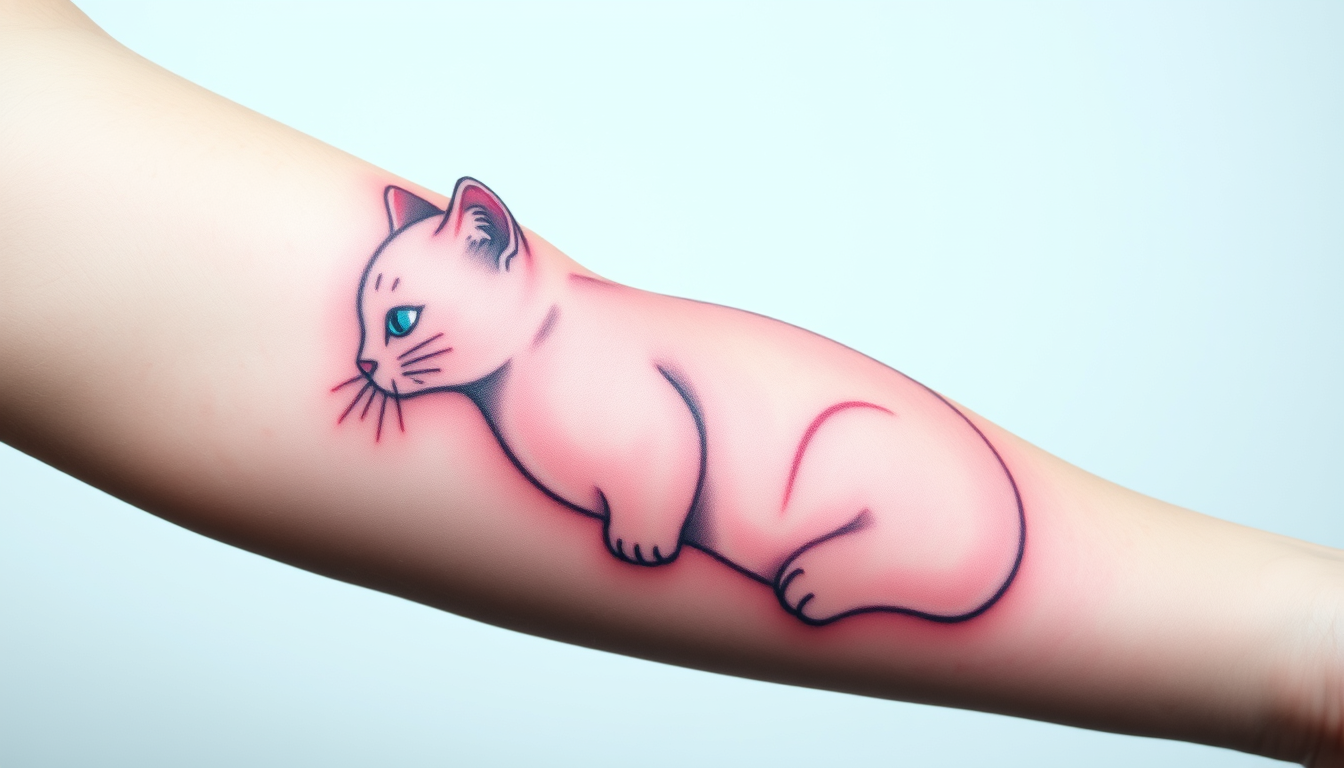 Main art studio: tattoo simple cat in light pink, light blue, white