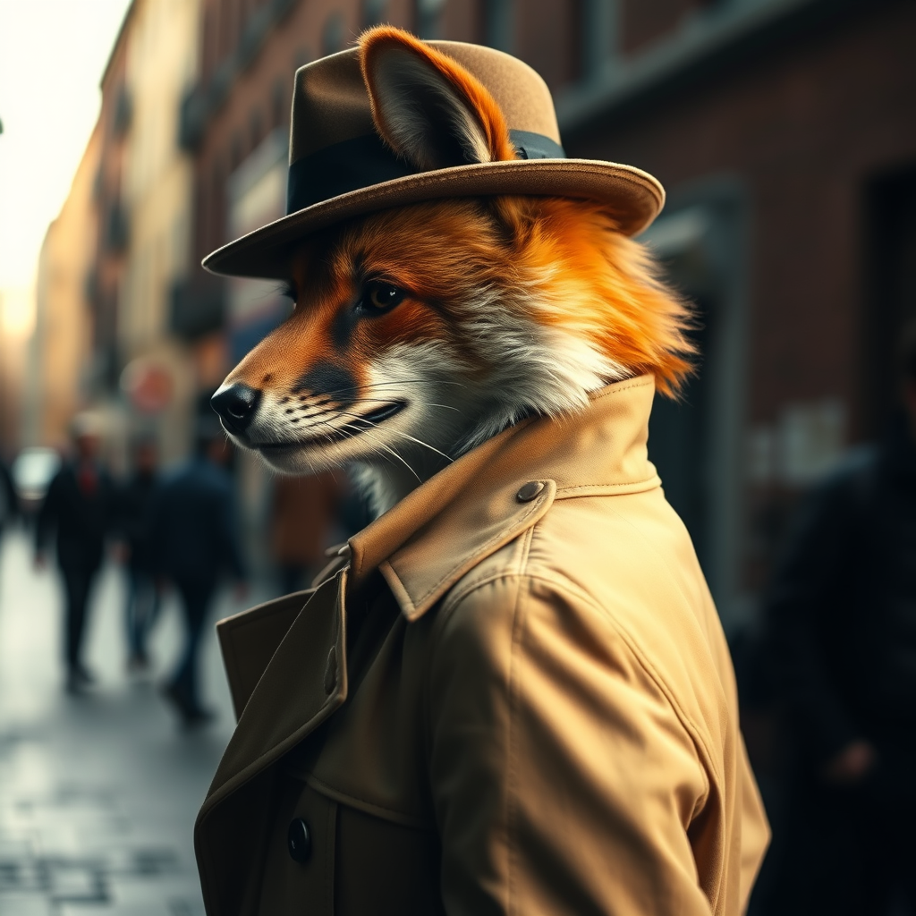 Main art studio: Image de profil. Renard roux au pelage soigné, portant un trench-coat beige et un chapeau feutre incliné. Regard perçant, sourire en coin énigmatique.