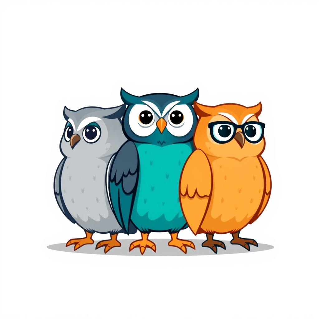 Main art studio: Professional mascot logo for a modern university study app. Exactly three charming owl characters side by side. Left owl is blue-gray, looking slightl