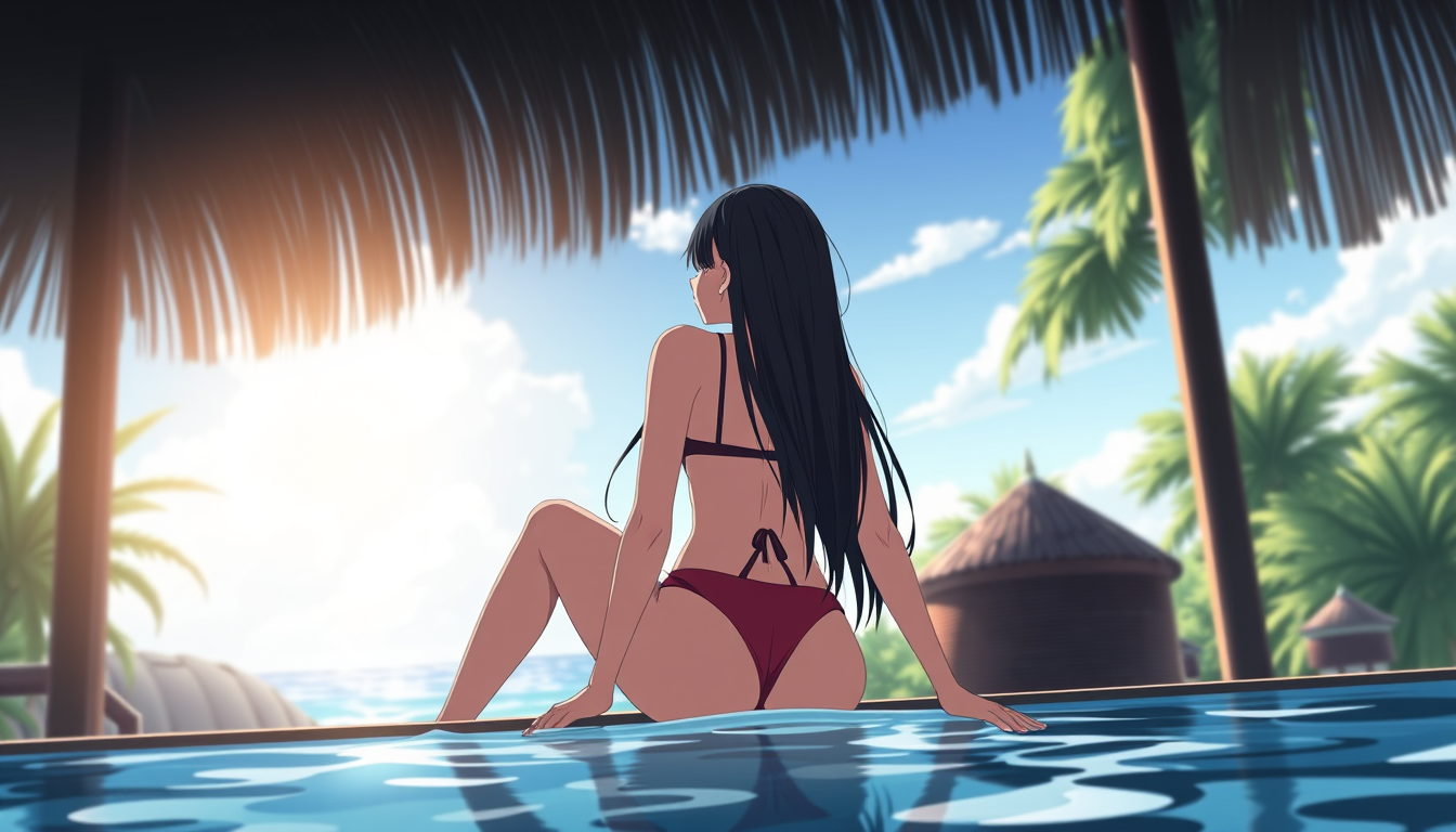 Main art studio: a anime women in her 20's wearing a bikini, she has black hair, i want a rier view from behind and under her while she is sitting