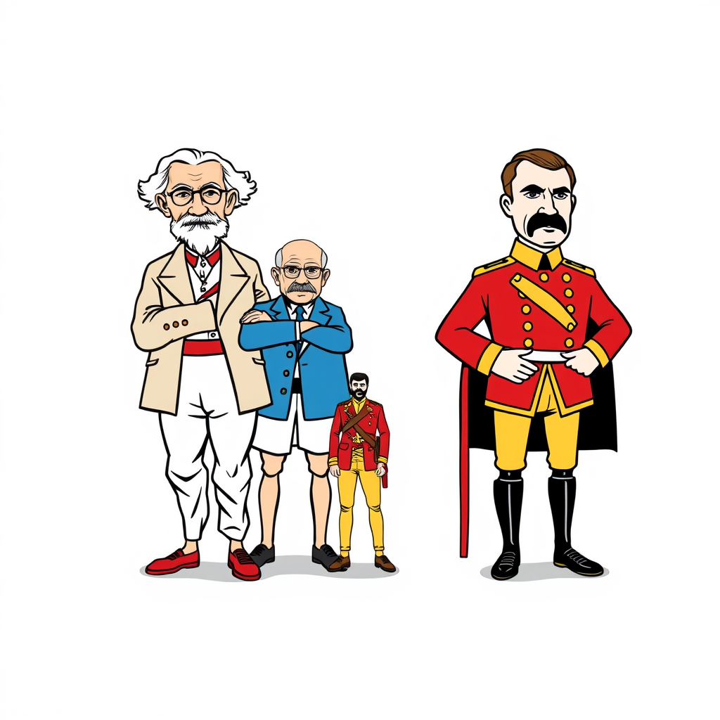 Main art studio: :::writing{variant=“standard” id=“73142”} Einstein, Gandhi, Hitler and Napoleon, full body, modern streetwear, funny poses, bold black line art, elect