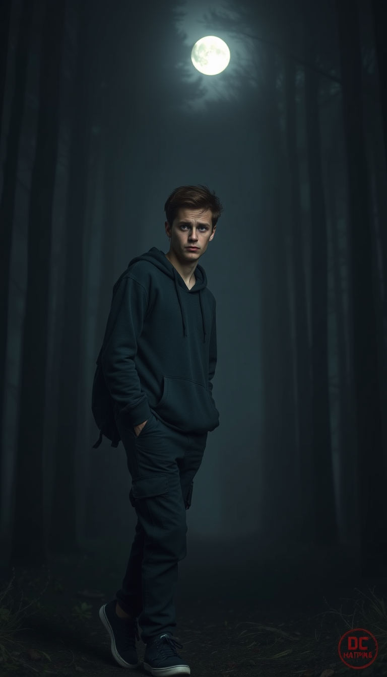 Main art studio: A 22-year-old American man, slim build, pale skin, messy short dark brown hair, tired dark eyes, slightly unshaven face, wearing a dark gray hoodie, b
