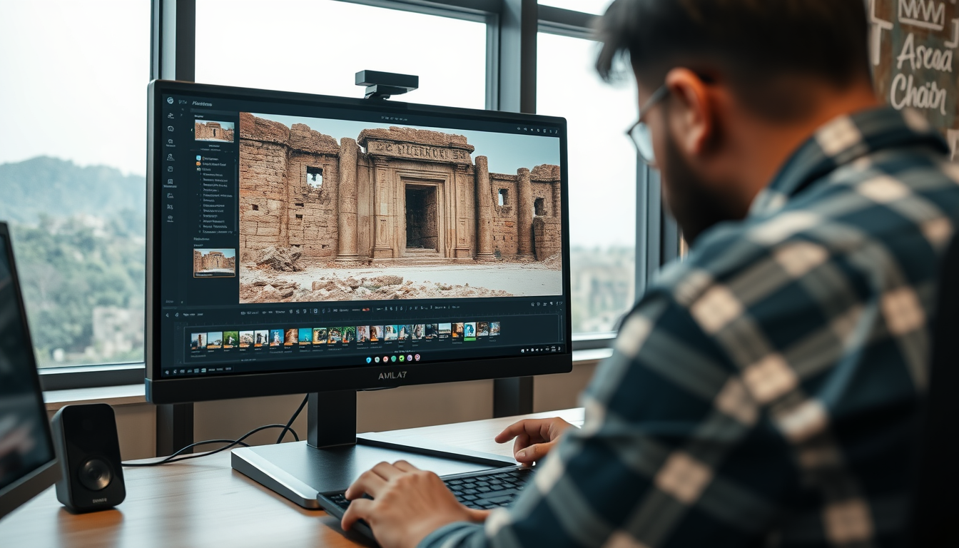 Main art studio: An adult video creator editing a historical mystery video about Bhangarh Fort on a computer, the monitor showing ancient sandstone ruins and the fort 