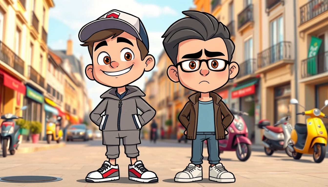Main art studio: Two original cartoon characters standing together. Character 1: Jo, a young French man, 28 years old, wearing a tracksuit, sneakers and a cap. He has