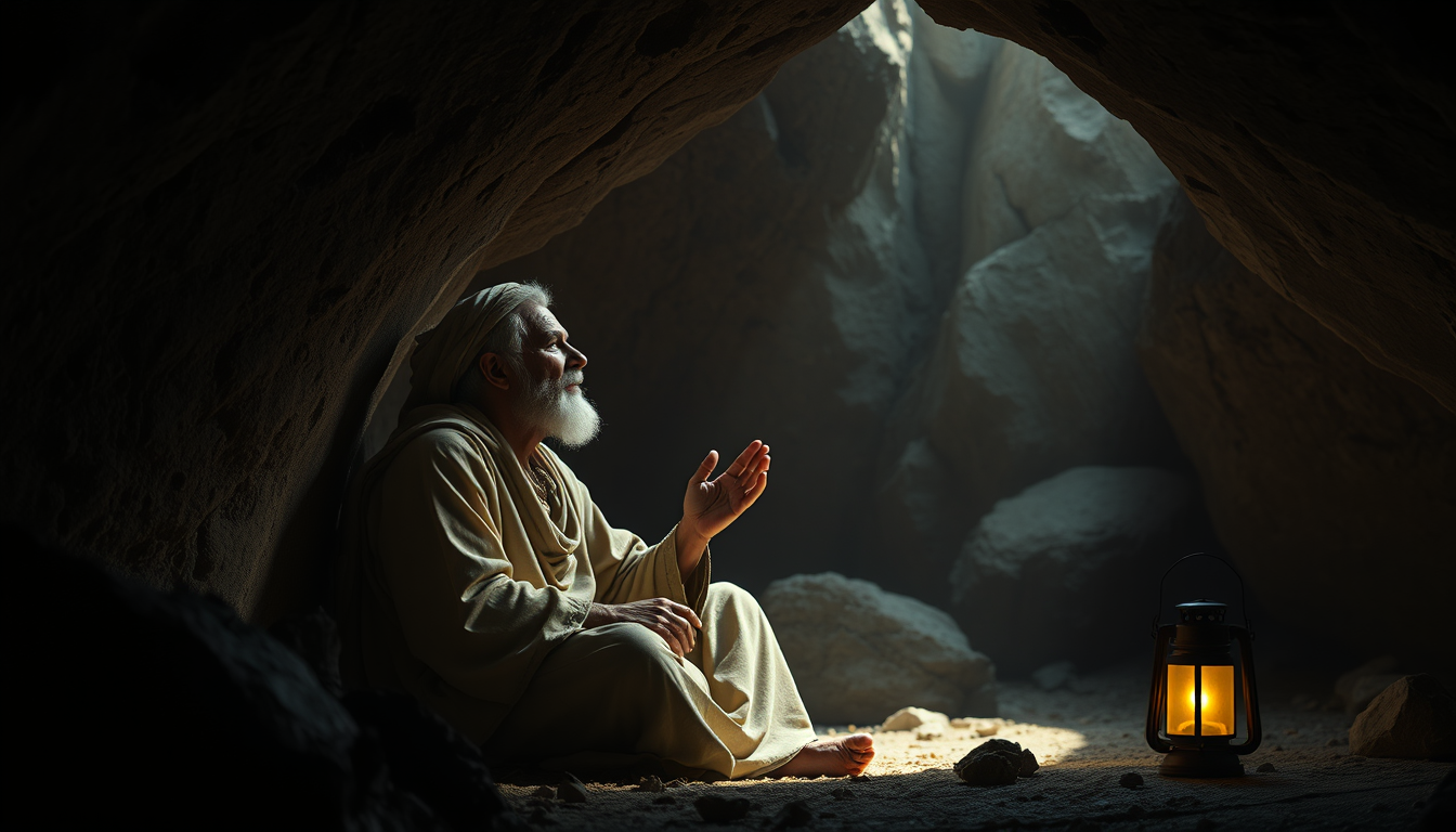 Main art studio: An ancient Arabian man sitting inside a dark mountain cave, remembering his elderly parents with deep emotion. He is praying sincerely with raised han