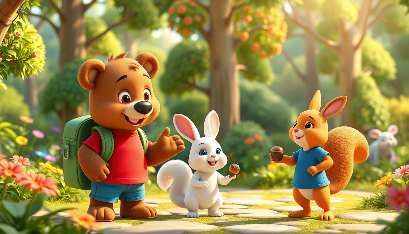 Main art studio: 3D animated children's cartoon. Bruno, a cute brown bear wearing a red T-shirt, blue shorts, and green backpack, and Benny, a small white rabbit weari
