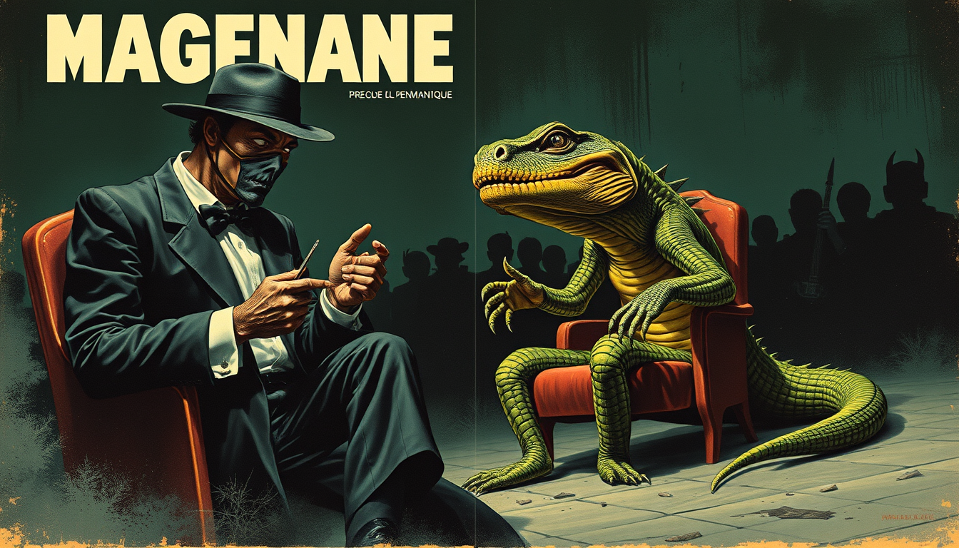 Main art studio: cover magazine pulp perssonnage enigmatique avec masque comedia del arte et corps déformé tenant canne pommeau en forme de reptile invitant spectateur