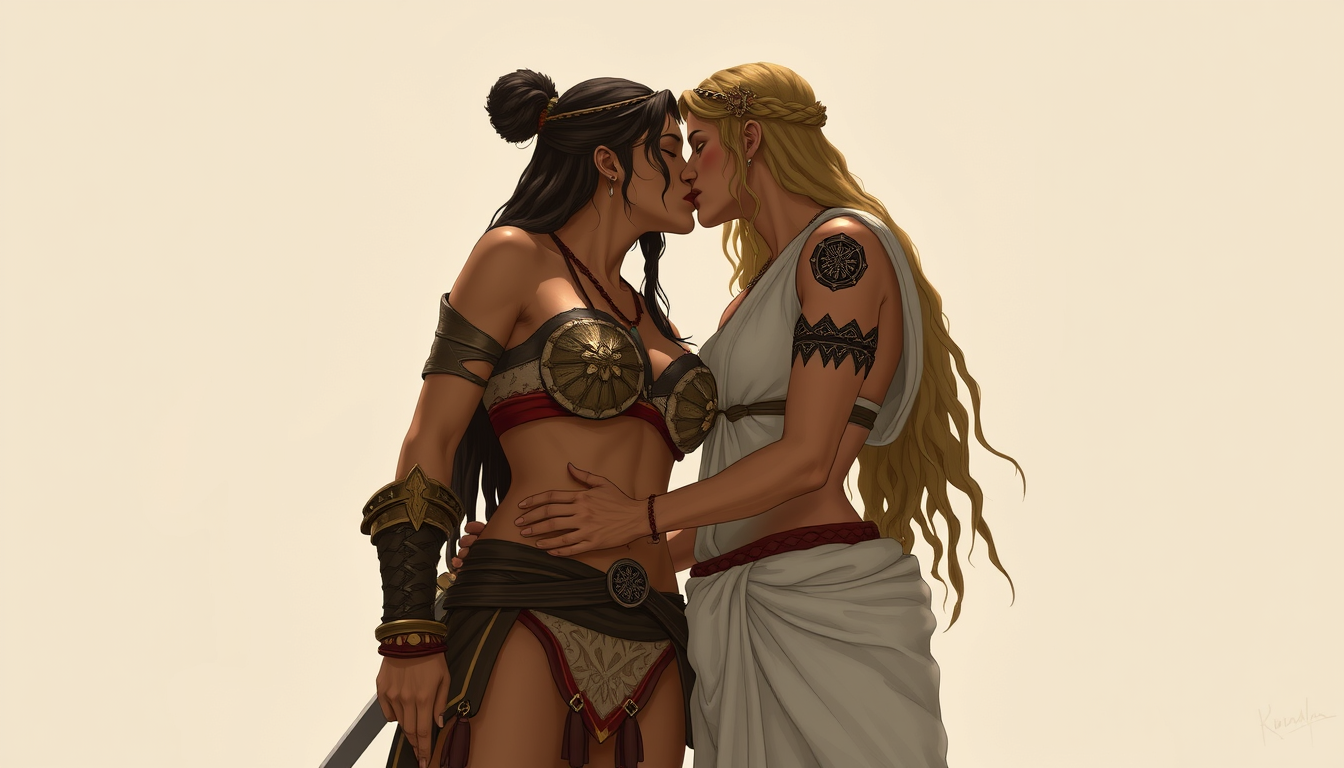 Main art studio: Nakiri, the warrior woman, and Kathea, the Greek princess, embrace her in their underwear and they kiss.