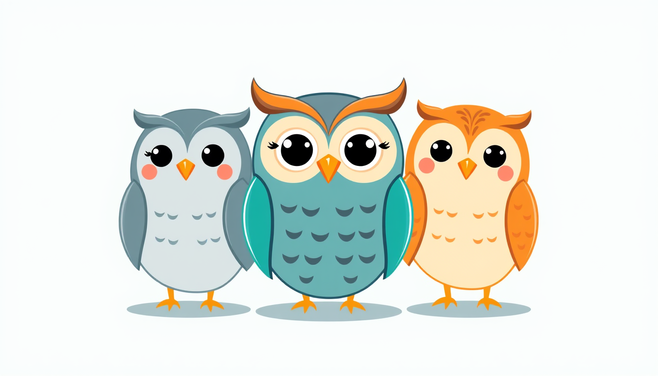 Main art studio: Professional mascot logo for a modern university study app. Exactly three cute, charming owl characters side by side. Left owl is blue-gray, looking s