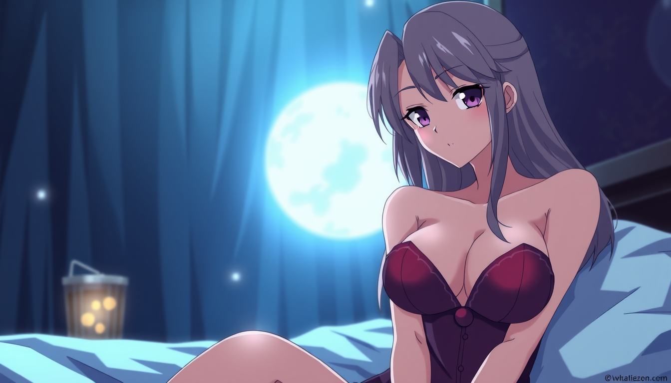 Main art studio: fille anime hyper sexy cheveux long allogee sur un lit voir bien les seins