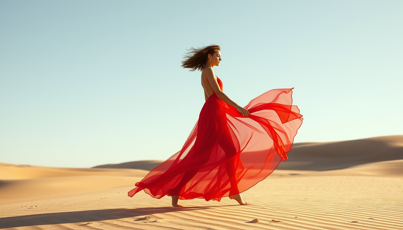 Main art studio: Bare and bold model, flowing red transparent dress in a desert, dramatic wind, soft light