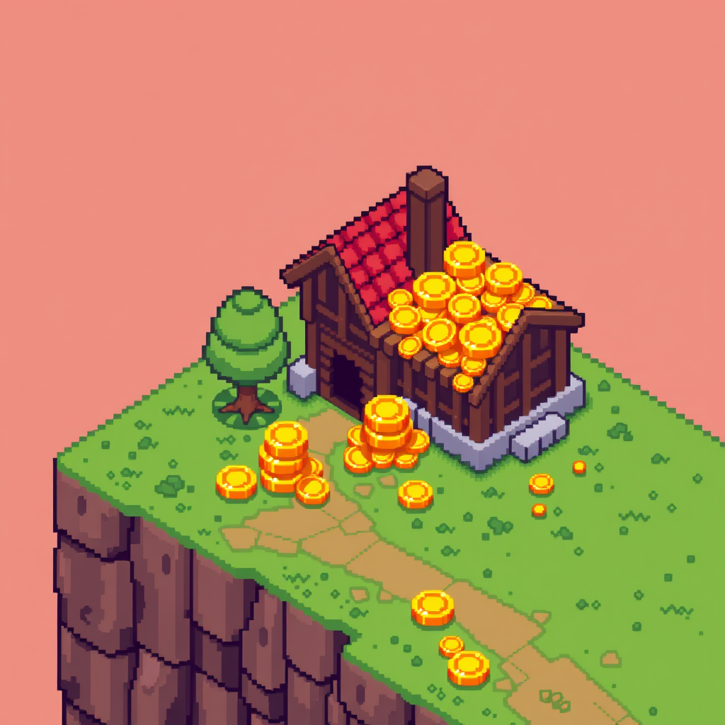 AI Pixel Art idea created from the prompt: pixel art, 32x32 sprite scale, limited palette, retro 16-bit game art, 16-Bit-Schatztruhe überquellend mit Goldmünzen , crisp pixel perfect,