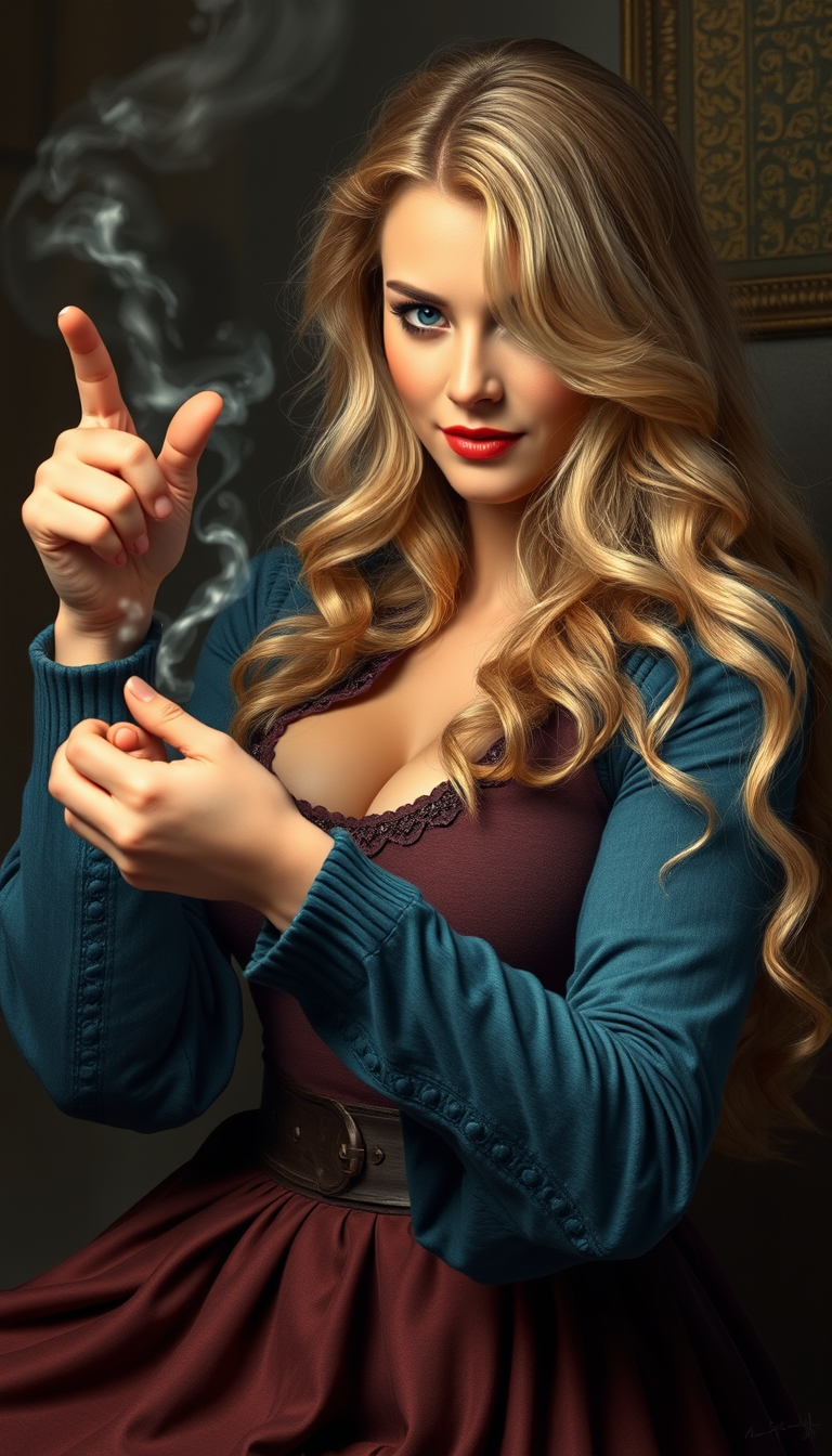AI Art prompt example created from the prompt: Style: Photorealistic masterpiece Important: Detailed face. Plot execution. Plot: A very busty golden blonde woman casts a spell on her boyf