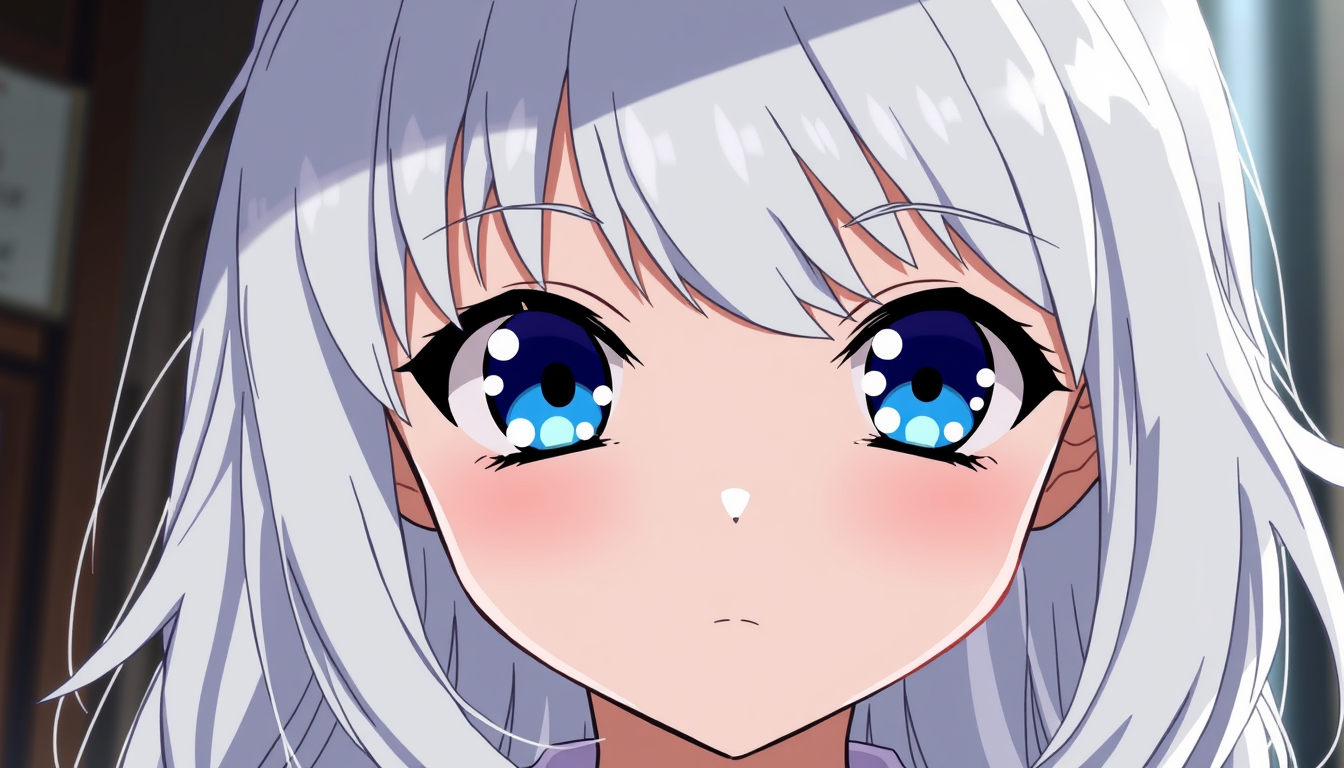 Main art studio: Jeune guerrière anime aux cheveux blancs, yeux bleus,toute nus, style manga, lumière cinématique, haute qualité.