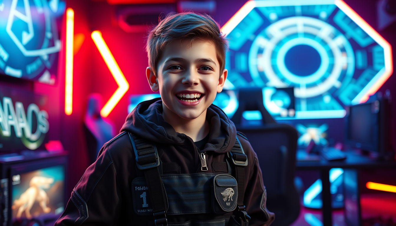 Main art studio: Epic gaming thumbnail, use the exact boy from the provided photo, extremely happy and excited, wearing a stylish Call of Duty tactical outfit, standin