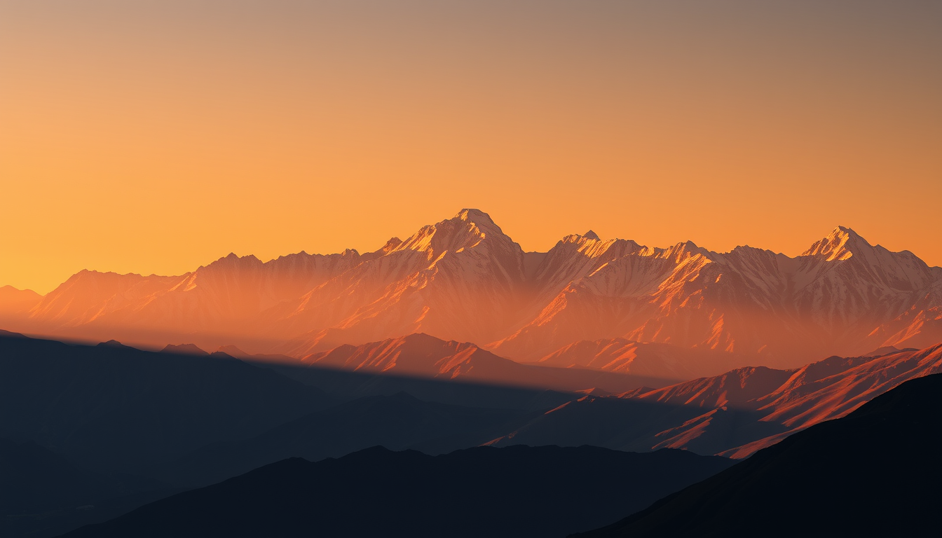 Wallpapers idea: wallpaper artwork, wide atmospheric scene or bold pattern, high detail, A vast mountain range at golden hour with a warm sky and long shadows , deskto