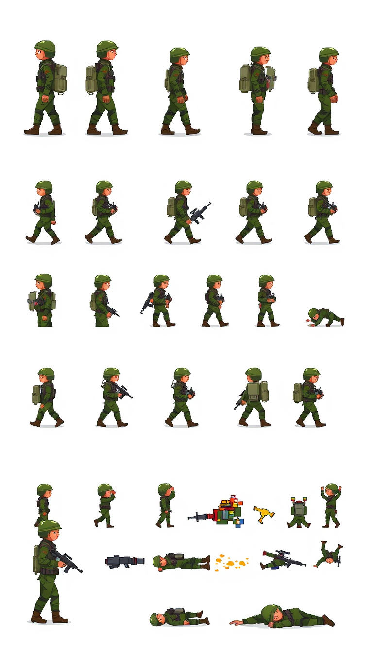 Sprite Sheet idea: sprite sheet, multiple character poses, clean grid layout, pixel game asset style, consistent character design, Game-ready 2D pixel art sprite sheet o