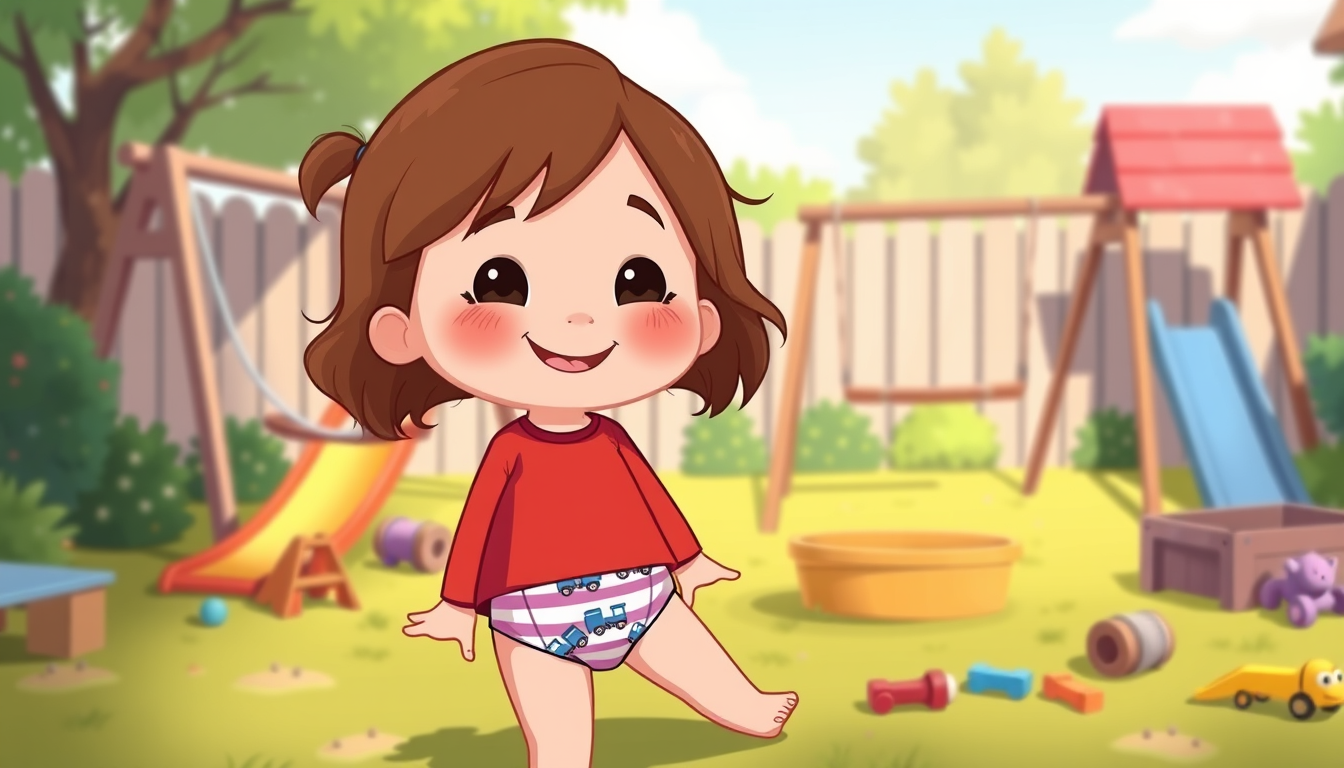 Main art studio: Cute Cartoon image of a 4 year old girl with brown long hair, red long sleeve shirt, purple and white stripped underwear briefs with blue trains on it