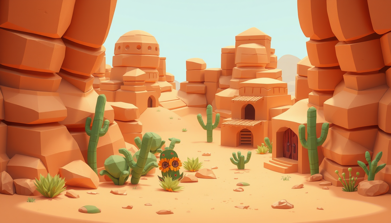 Main art studio: 2D game environment, generic arid desert or dry steppe, based on the provided references. Paper-craft RPG aesthetic, colorful and playful, layered pap