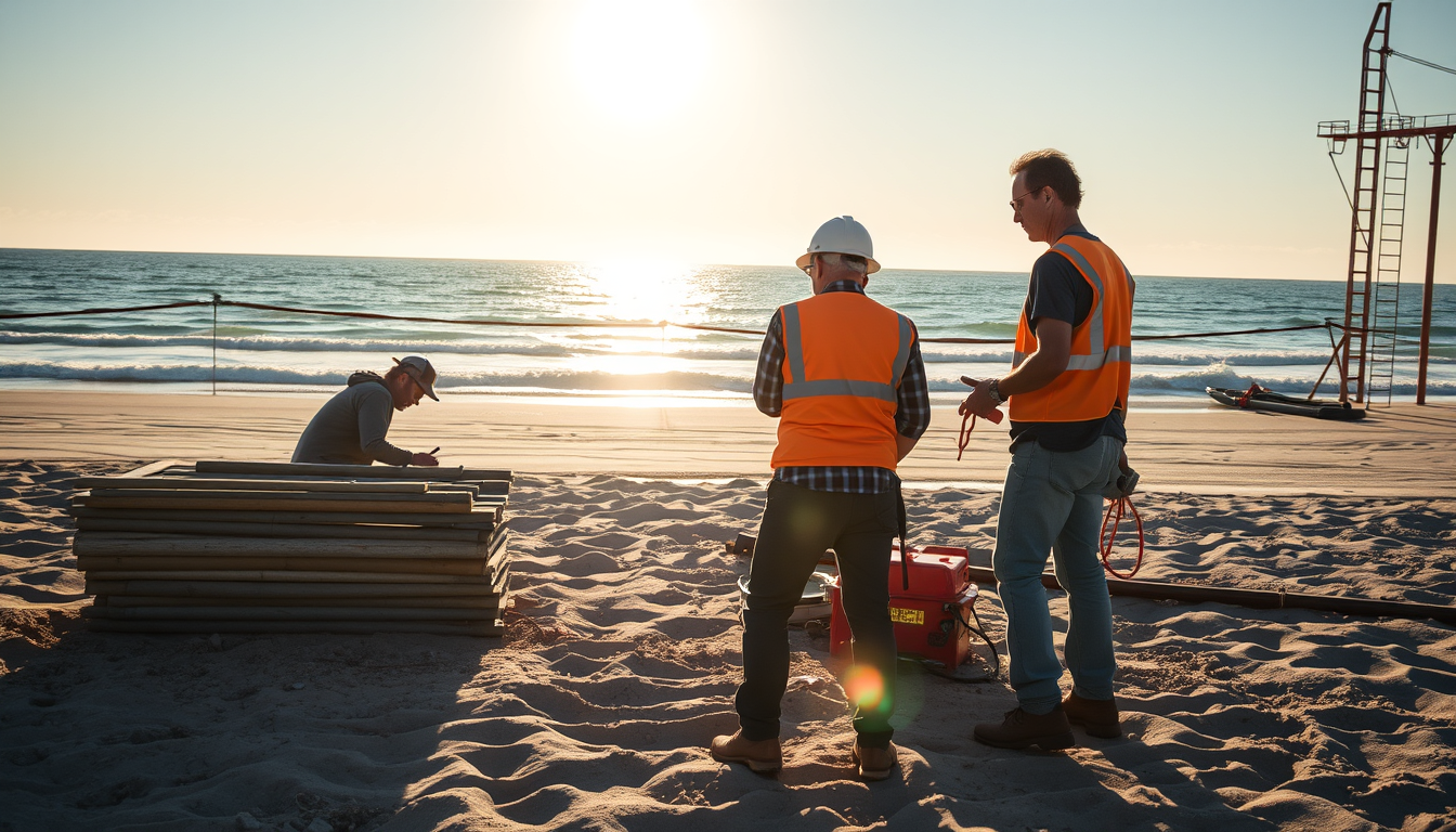 Main art studio: Bauarbeiter bei großer Sommerhitze, Sonnenstrahlen, Wasserflasche auf eine sand fläche