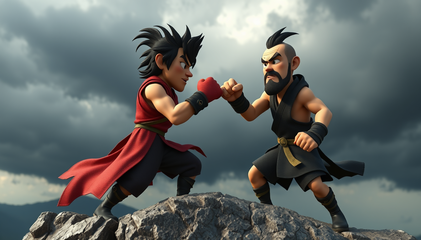Main art studio: The exact same two fictional fighters from the previous image, same faces, same clothing, same colors and same body proportions. They are still on the